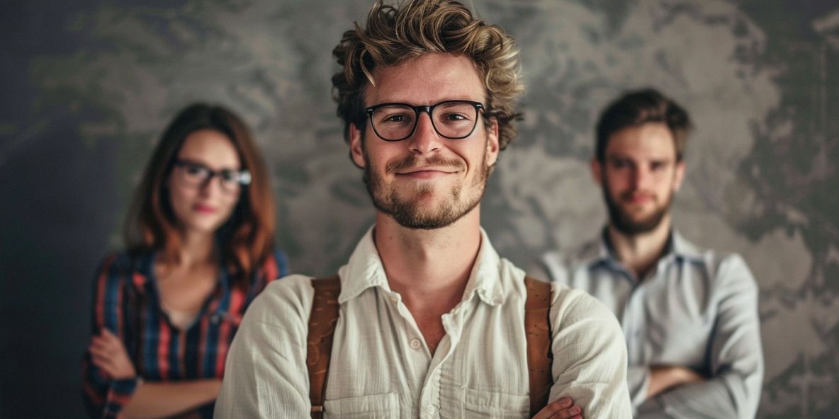 Die Szene zeigt drei Personen, die direkt in die Kamera schauen. Eine Person lächelt glücklich, während die anderen beiden neutral wirken. Die Umgebung ist geschäftlich, möglicherweise in einem Büro oder Meetingraum.