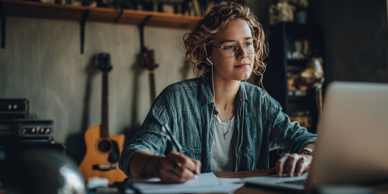 Junge Musikerin schreibt erste Rechnung an Laptop in gemütlichem Arbeitsbereich.