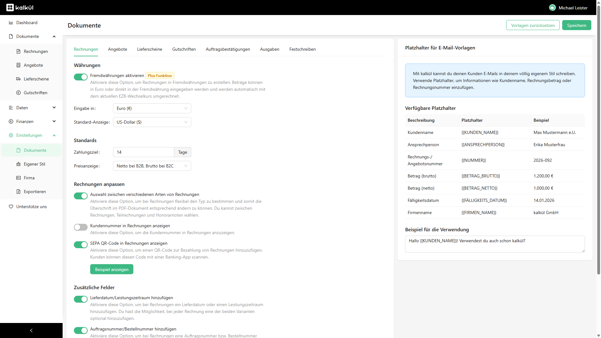 Screenshot der kalkül-Einstellungen, in denen die Funktion für Fremdwährungen mit Optionen für Standard-Anzeige und EZB-Wechselkurse aktiviert wird.