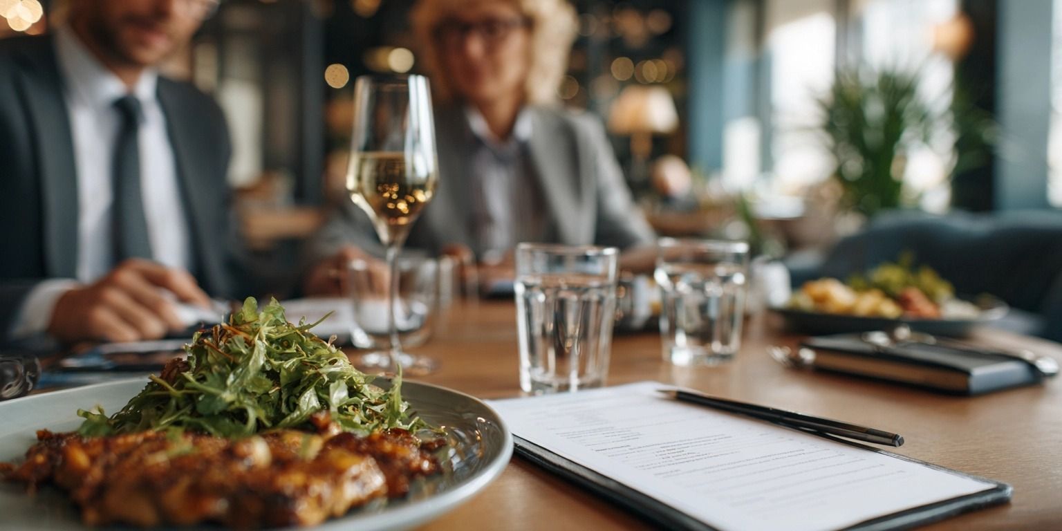 Zwei Geschäftsleute sitzen sich in einem modernen Restaurant gegenüber, mit Unterlagen und Quittung auf dem Tisch. Das Essen dient als Rahmen für ein geschäftliches Treffen – symbolisch für steuerlich relevante Bewirtungskosten.