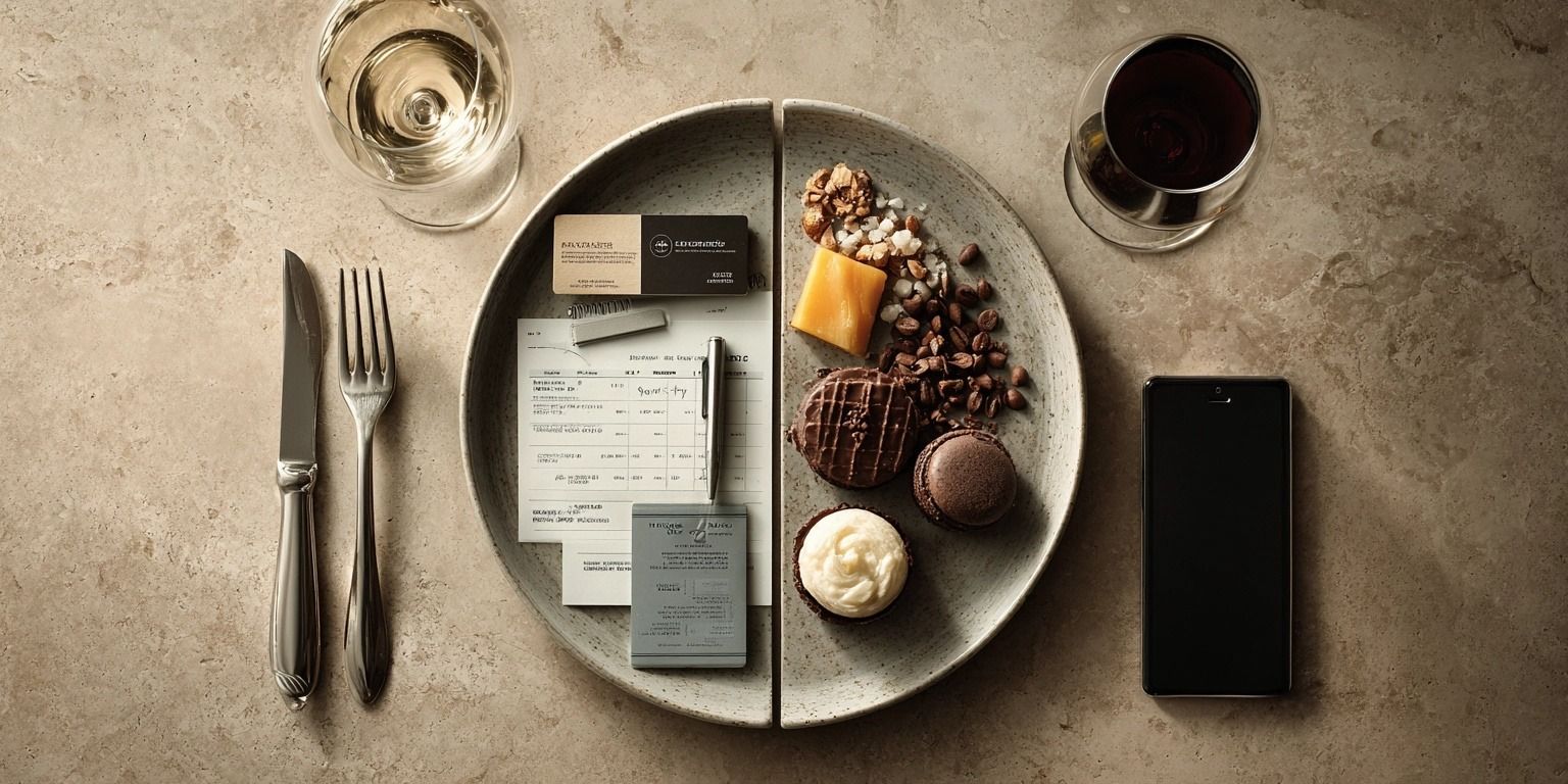 Metaphorisches Bild: Ein Teller ist in zwei Hälften geteilt – eine Seite zeigt geschäftliche Gegenstände wie Stift, Rechnung und Kalender, die andere private Elemente wie Weinglas und Dessert. Symbolisiert die Abgrenzung zwischen beruflichen und privaten Bewirtungskosten.