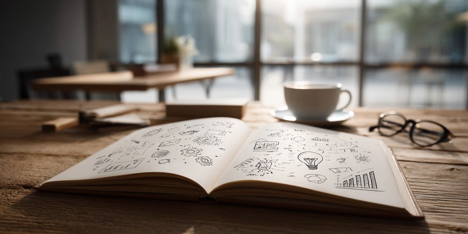Offenes Buch auf einem sauberen Holztisch mit einfachen, handgezeichneten Geschäftssymbolen – Zahnräder, Diagramme, Handschlag, Glühbirne, Münzen – die wie eine Mindmap über den Seiten schweben. Daneben stehen eine Kaffeetasse und eine Brille. Weiches, natürliches Licht schafft eine warme und praktische Atmosphäre, die hilfreiche Tipps für Unternehmer symbolisiert.