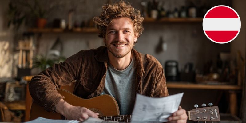 Glücklicher Musiker mit Gitarre hält Rechnung in der Hand und lächelt in die Kamera