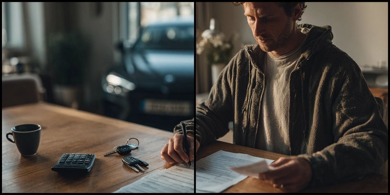 Geteiltes realistisches Bild: Links hält eine Person Autoschlüssel neben einem geparkten Fahrzeug, was die pauschale Kilometerabrechnung symbolisiert. Rechts sitzt dieselbe Person am Schreibtisch und überprüft Unterlagen sowie Fahrzeugrechnungen, was die tatsächliche Kostenerfassung darstellt. Natürliche Beleuchtung, warme Atmosphäre.
