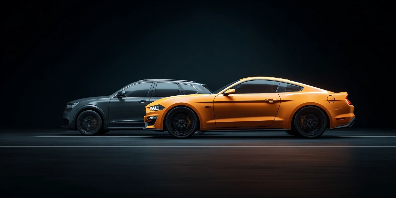 Ein orangefarbener Ford Mustang neben einem grauen VW Tiguan im Studio vor schwarzem Hintergrund – symbolisiert den steuerlichen Unterschied zwischen Luxusfahrzeug und gewöhnlichem Firmenwagen im Kontext der Luxustangente.