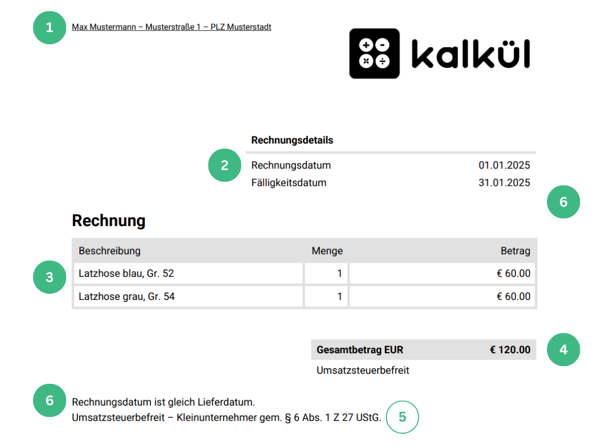 Kleinbetragsrechnung in Österreich (bis 400 Euro) mit hervorgehobenen Pflichtangaben