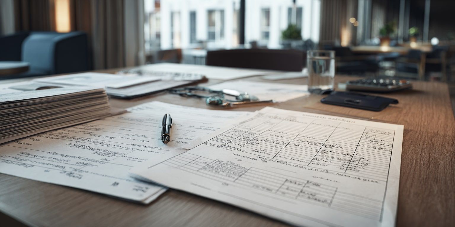 Handschriftlich ausgefüllte Tabellen und Berichte zur Dokumentation von Privatanteilen und Betriebsausgaben bei Einzelunternehmern auf modernem Schreibtisch.