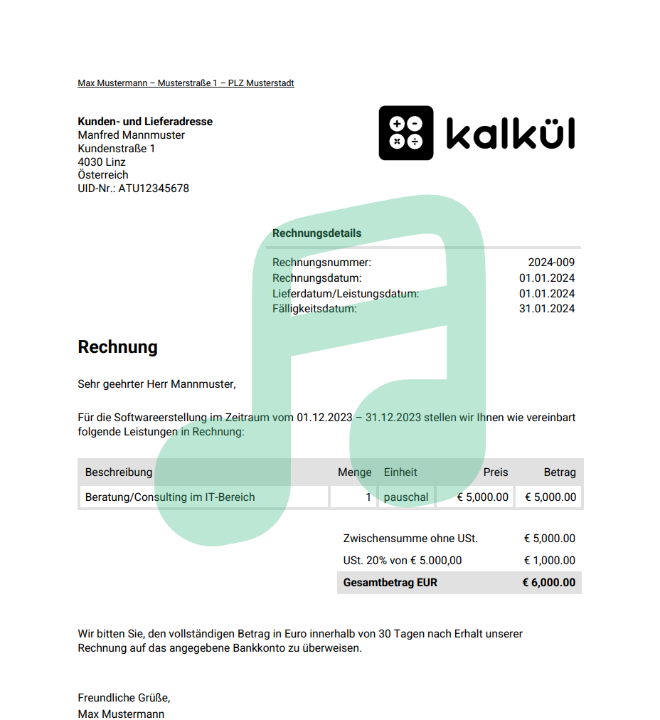 Rechnung für Einzelunternehmer aus Österreich