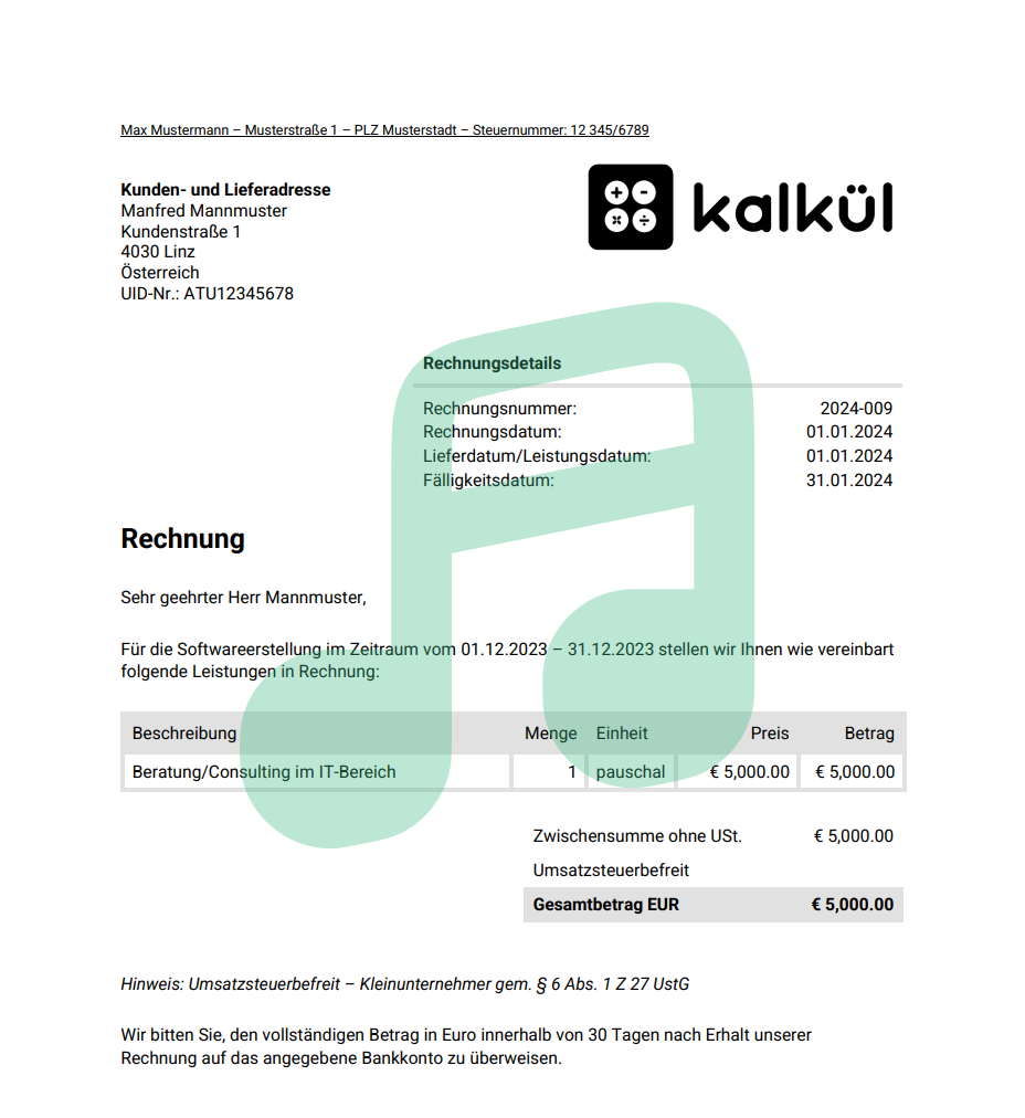 Rechnung für Kleinunternehmer aus Österreich