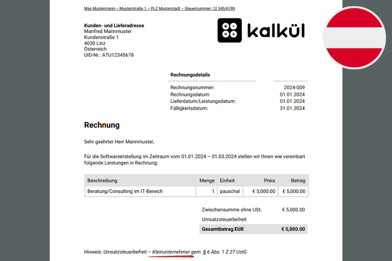 Rechnung für Kleinunternehmer in Österreich ohne Umsatzsteuer mit Hinweis zur Kleinunternehmerregelung.