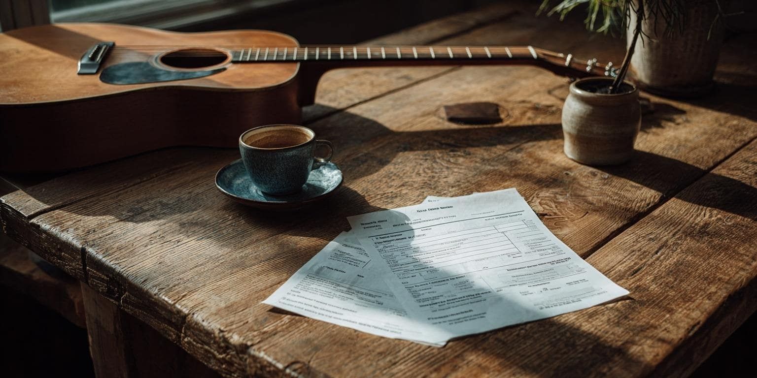 Gedruckte Rechnungsvorlagen und Belege auf rustikalem Holztisch neben Akustikgitarre, Kaffeetasse und Notizblock in gemütlichem Musiker-Arbeitsbereich.