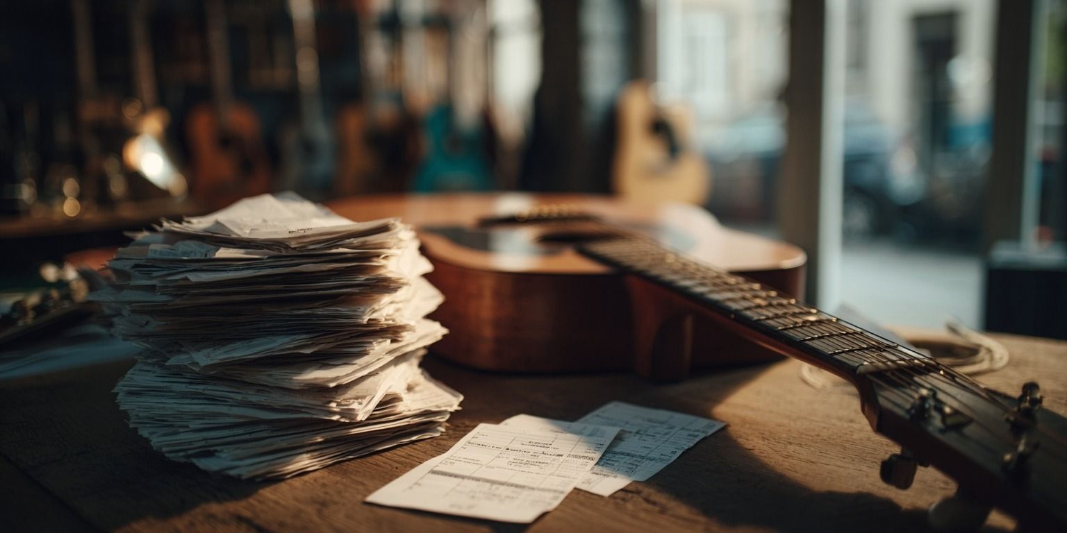 Gitarre mit einem Stapel Rechnungen, Musik und Geschäft.