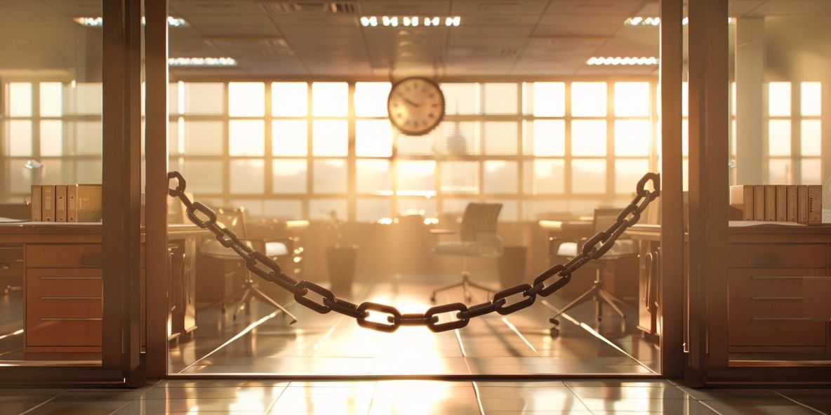 Bild von einer Kette, die einen Weg in einem hellen, lichtdurchfluteten Büro blockiert. Dokumente, eine Uhr an der Wand und warmes Sonnenlicht schaffen eine ruhige, reflektierende Atmosphäre.