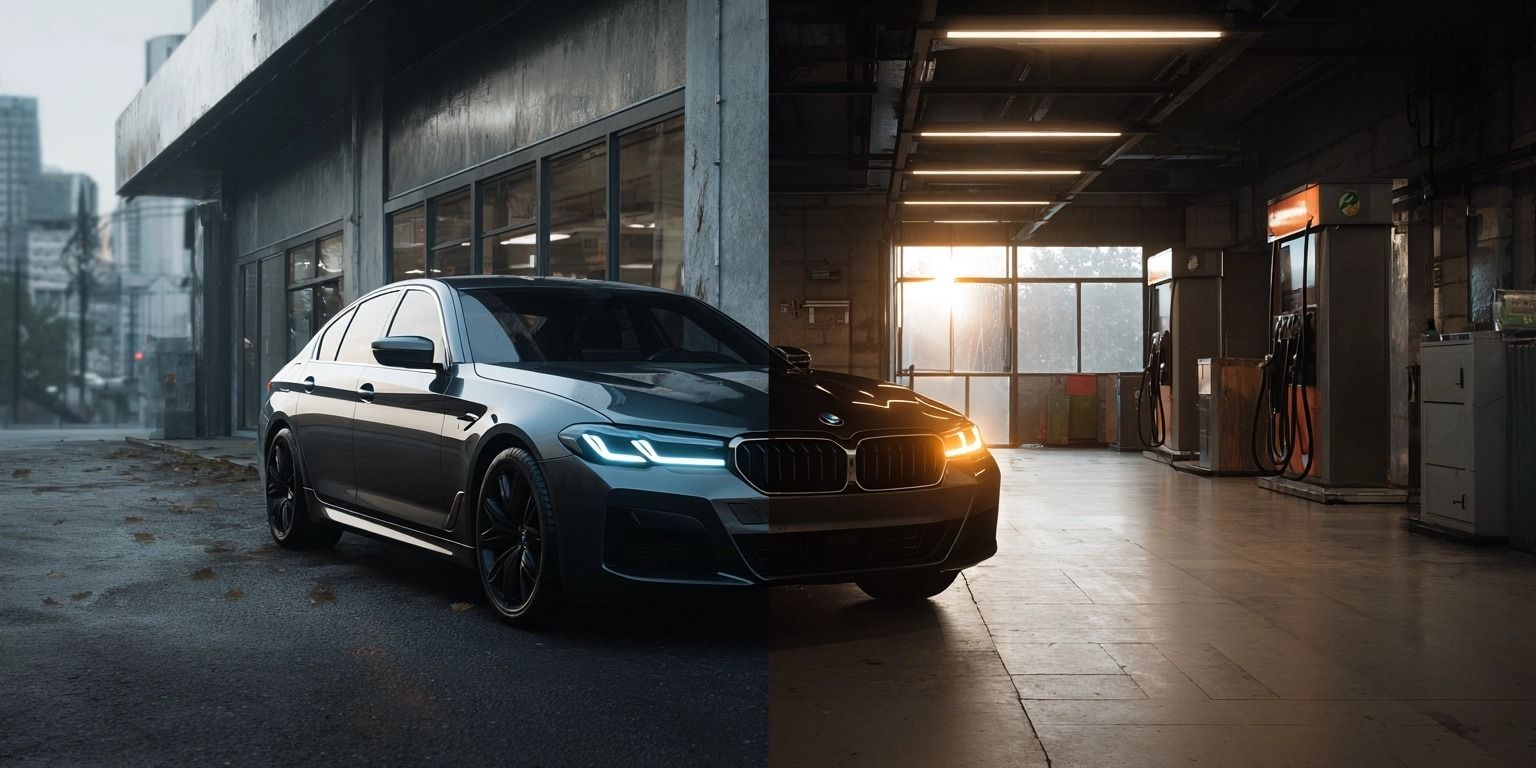 Gegenüberstellung eines modernen Elektroautos mit Ladestation und eines klassischen Verbrennerfahrzeugs mit Zapfsäule – das E-Auto wirkt durch Beleuchtung und Design moderner und hervorgehoben.